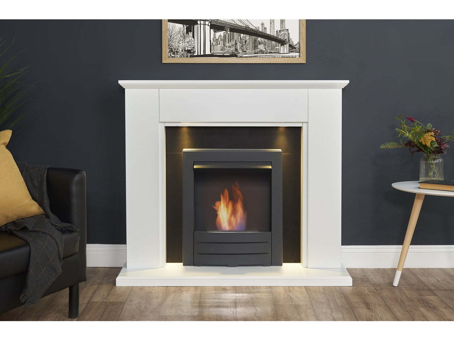 Eltham Fireplace in Pure White & Black with Downlights & Colorado Bio Ethanol in Black, 45 Inch