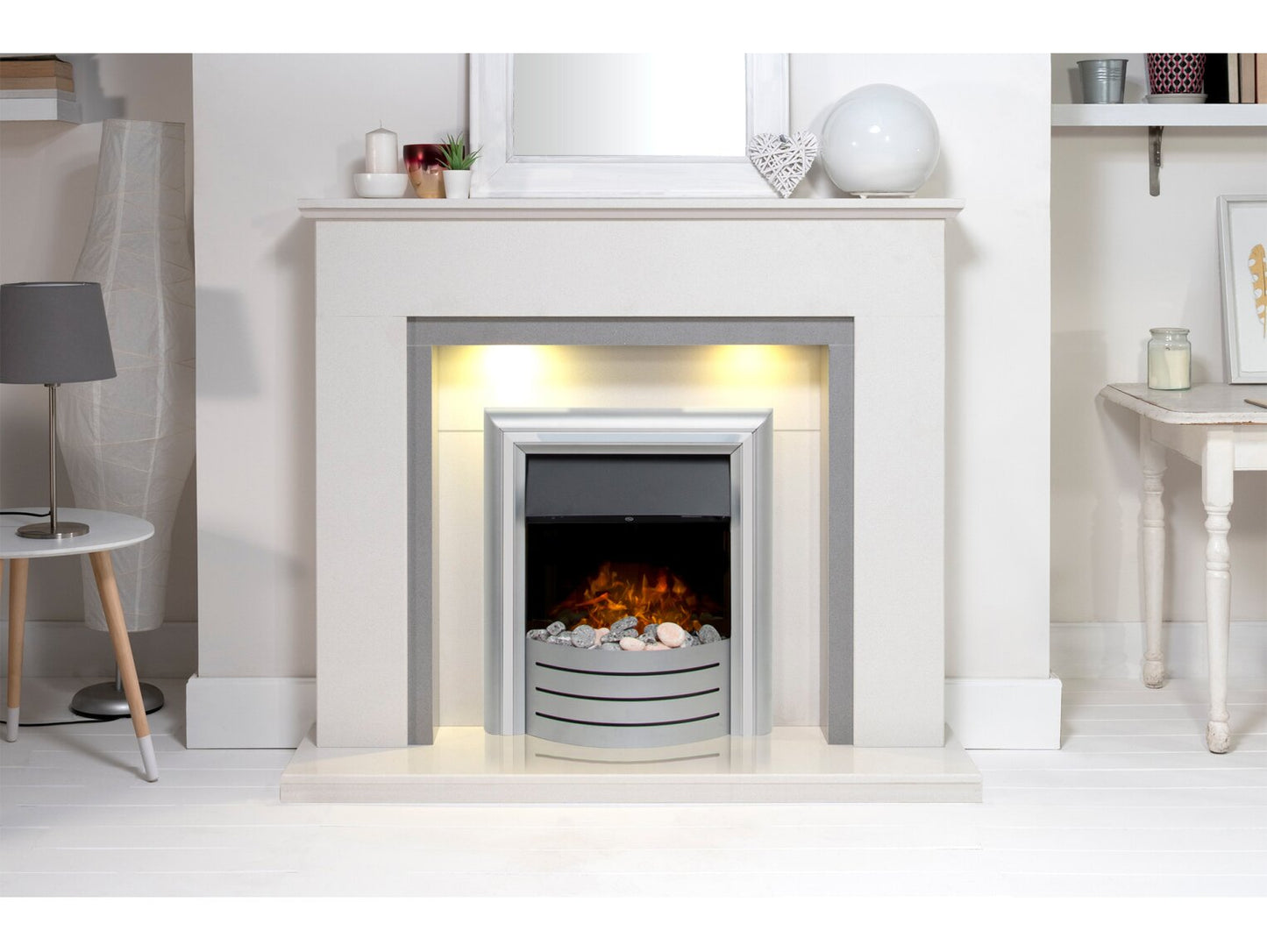 Allnatt white & Grey Marble Fireplace with Lynx 3 in 1, 48 Inch