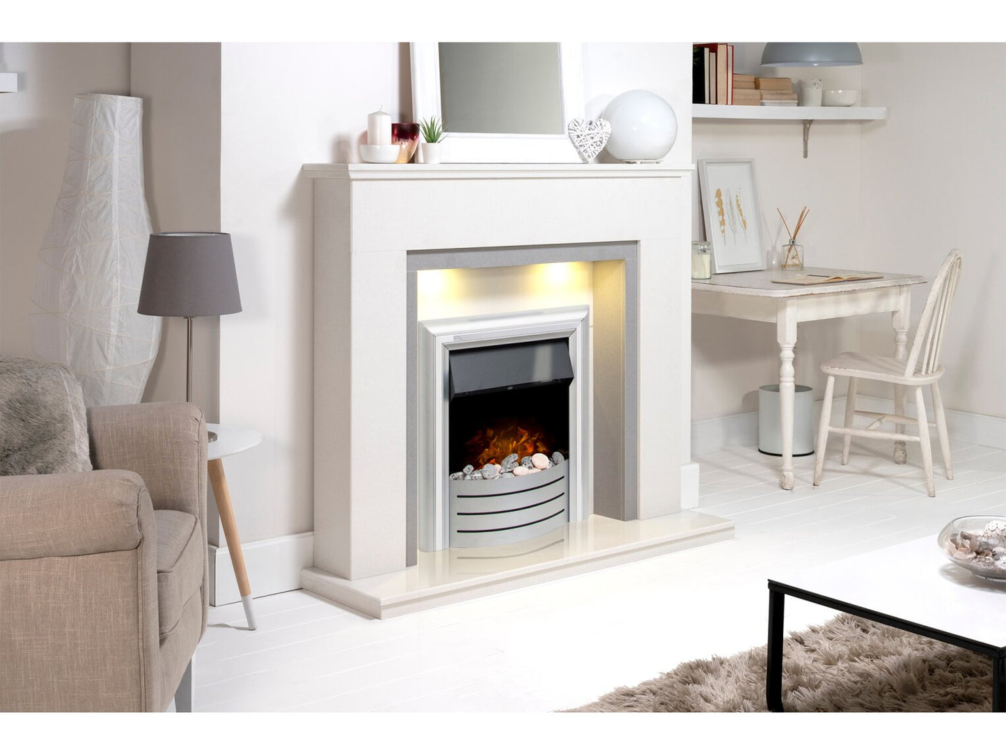 Allnatt white & Grey Marble Fireplace with Lynx 3 in 1, 48 Inch