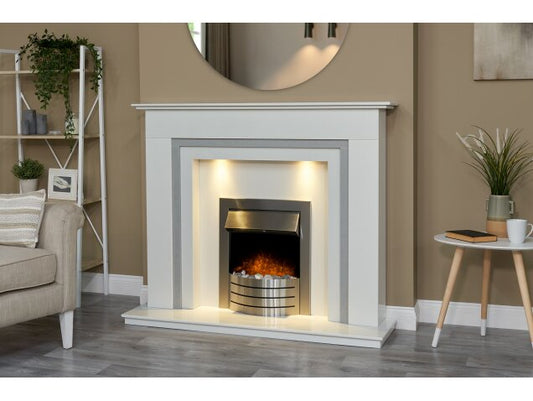 Austin Crystal White & Grey Marble Fireplace with Downlights & Comet Electric Fire in Brushed Steel, 54 Inch