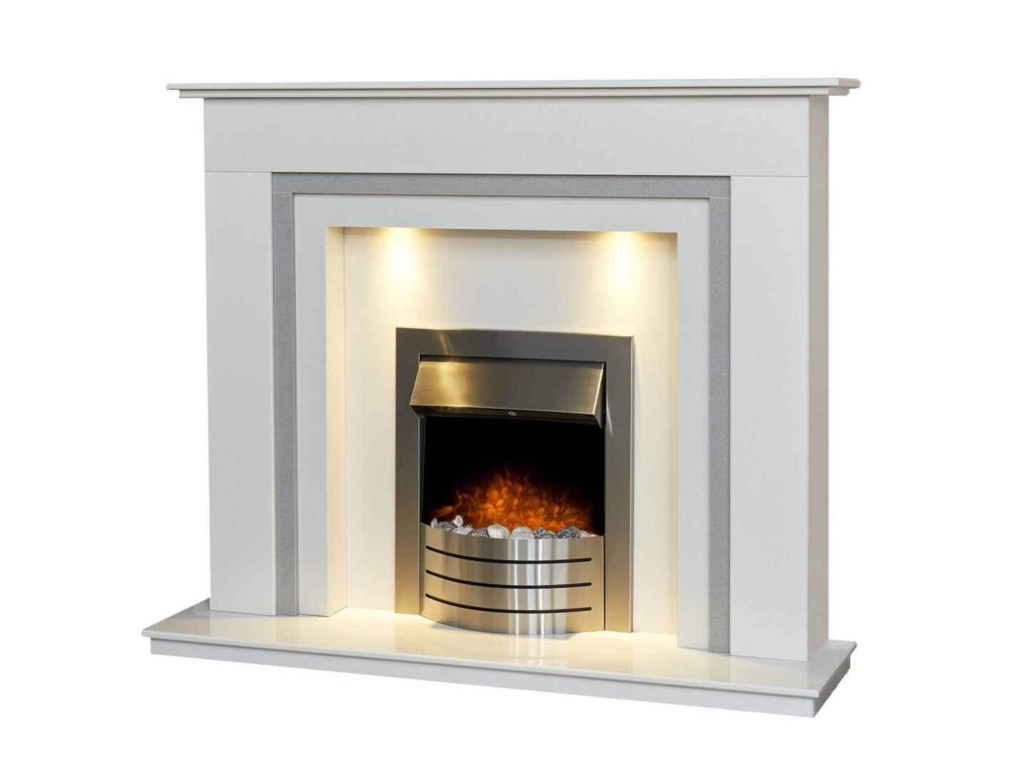 Austin Crystal White & Grey Marble Fireplace with Downlights & Comet Electric Fire in Brushed Steel, 54 Inch