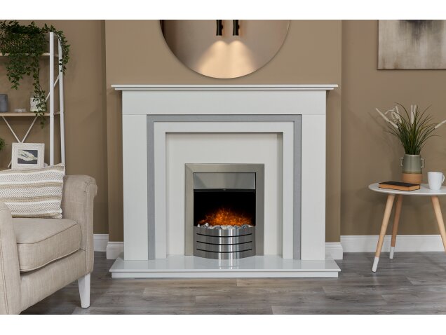 Austin Crystal White & Grey Marble Fireplace with Downlights & Comet Electric Fire in Brushed Steel, 54 Inch