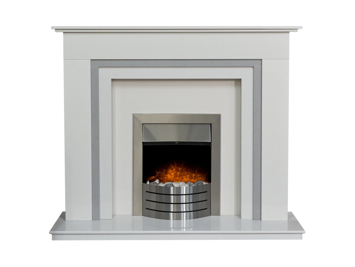 Austin Crystal White & Grey Marble Fireplace with Downlights & Comet Electric Fire in Brushed Steel, 54 Inch