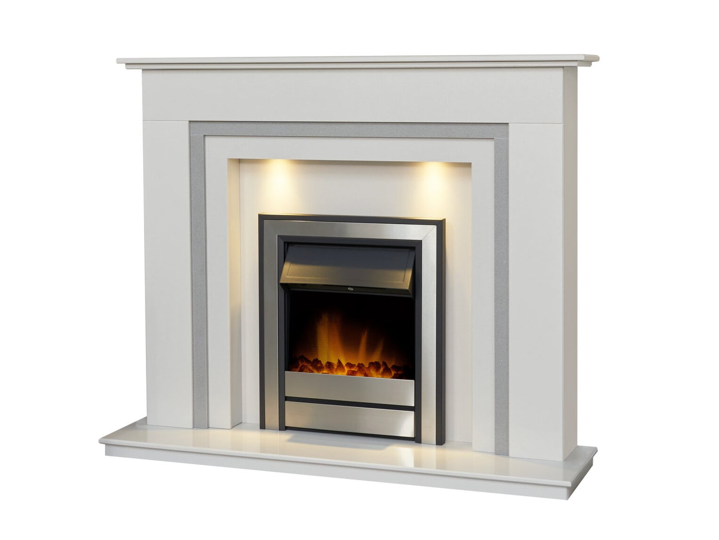 Austin Crystal White & Grey Marble Fireplace with Downlights & Argo Electric Fire in Brushed Steel, 54 Inch