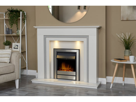 Austin Crystal White & Grey Marble Fireplace with Downlights & Argo Electric Fire in Brushed Steel, 54 Inch