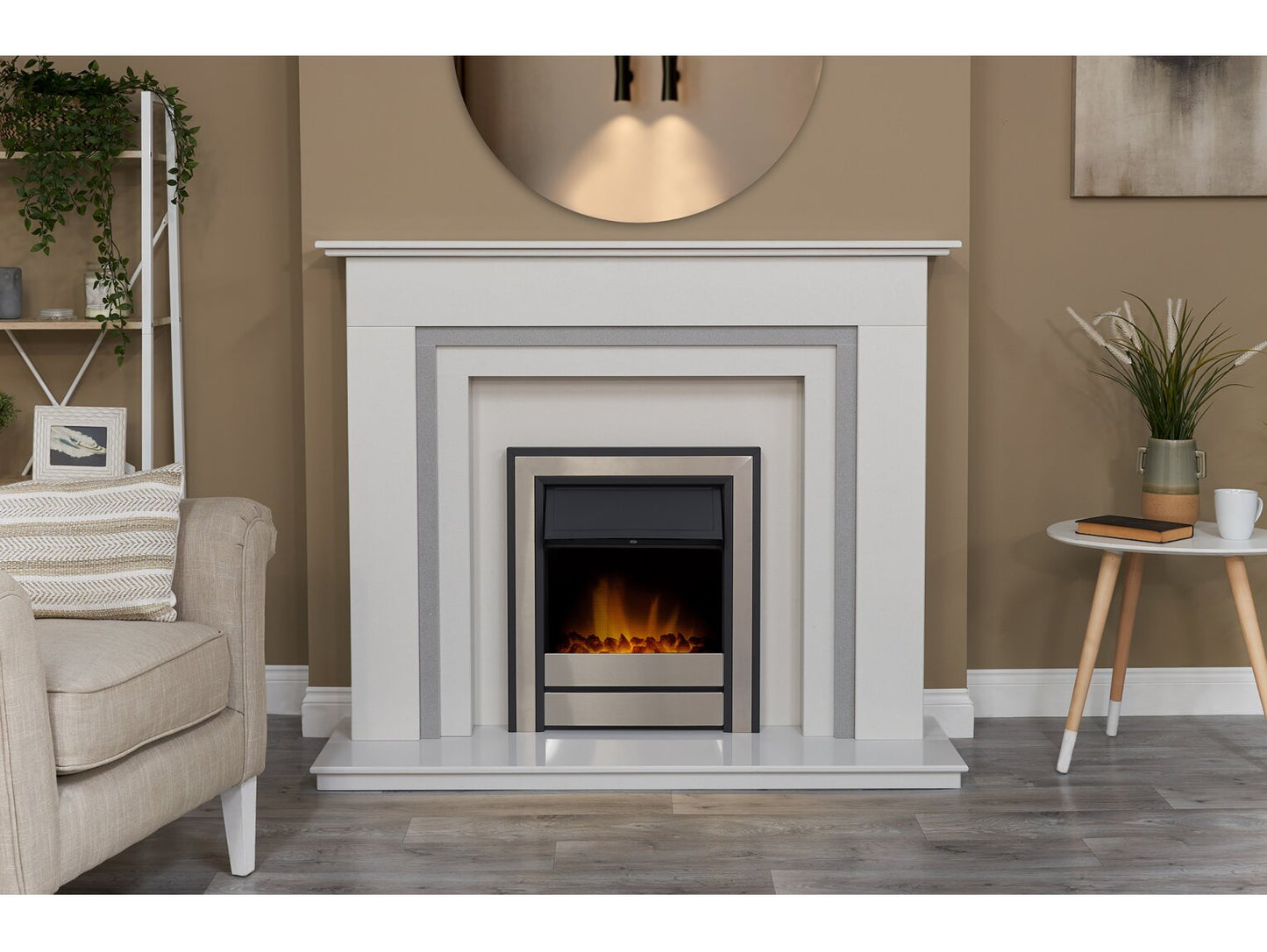 Austin Crystal White & Grey Marble Fireplace with Downlights & Argo Electric Fire in Brushed Steel, 54 Inch