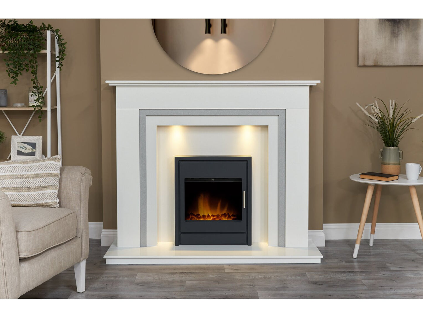 Austin Crystal White & Grey Marble Fireplace with Downlights & Alta Electric Inset Stove in Black, 54 Inch