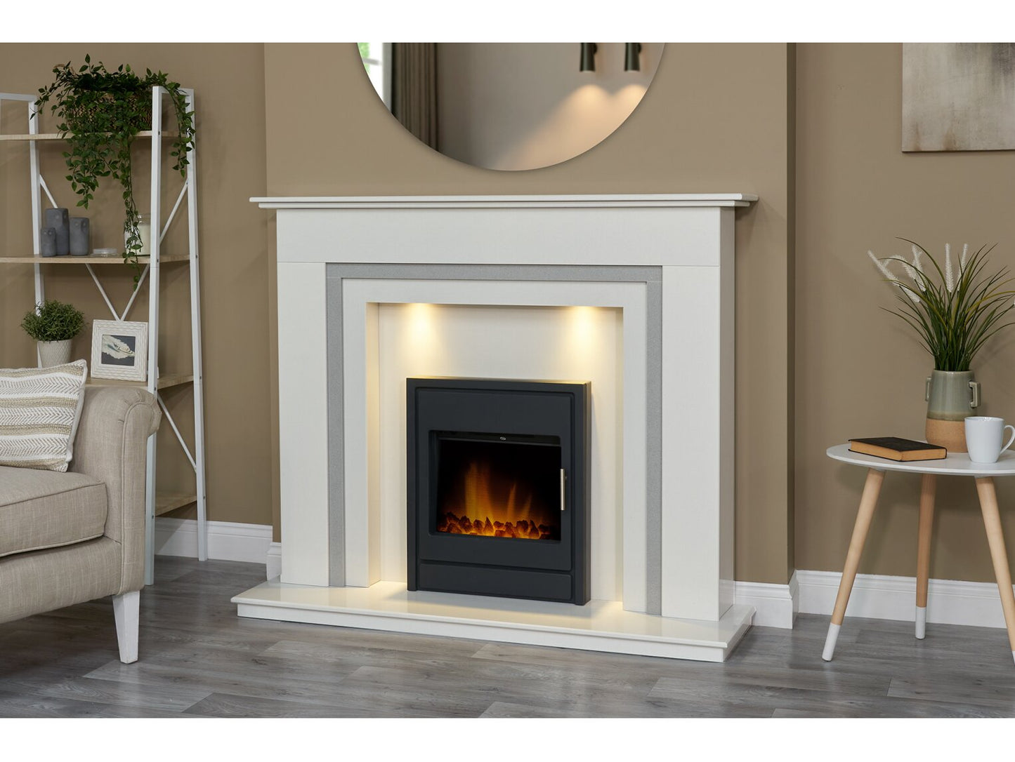 Austin Crystal White & Grey Marble Fireplace with Downlights & Alta Electric Inset Stove in Black, 54 Inch