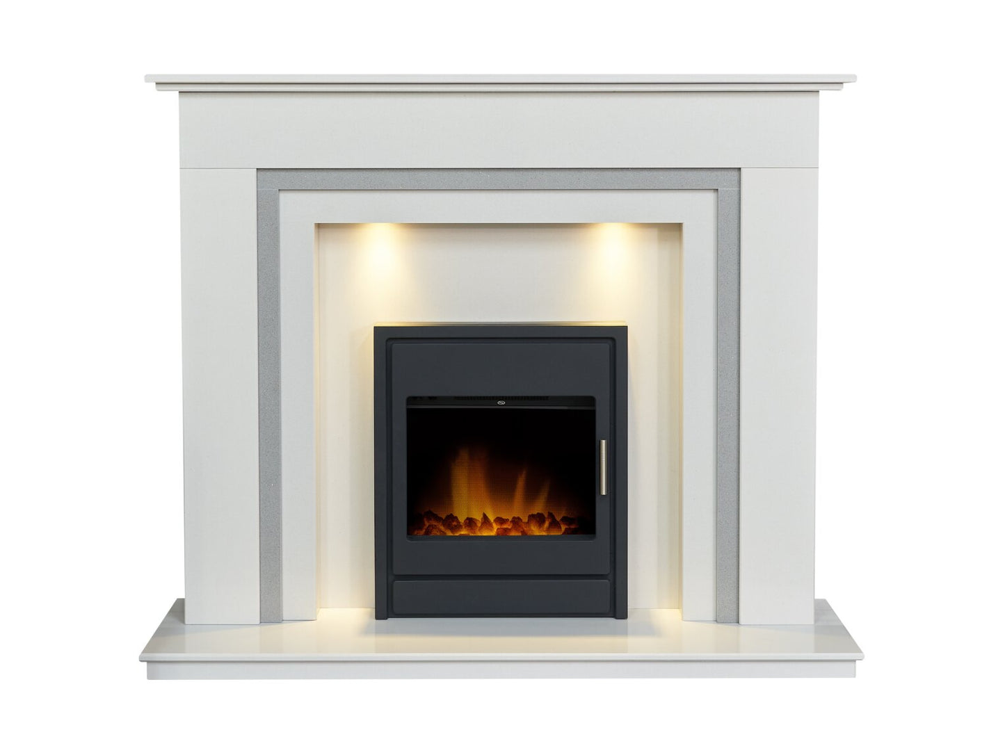 Austin Crystal White & Grey Marble Fireplace with Downlights & Alta Electric Inset Stove in Black, 54 Inch