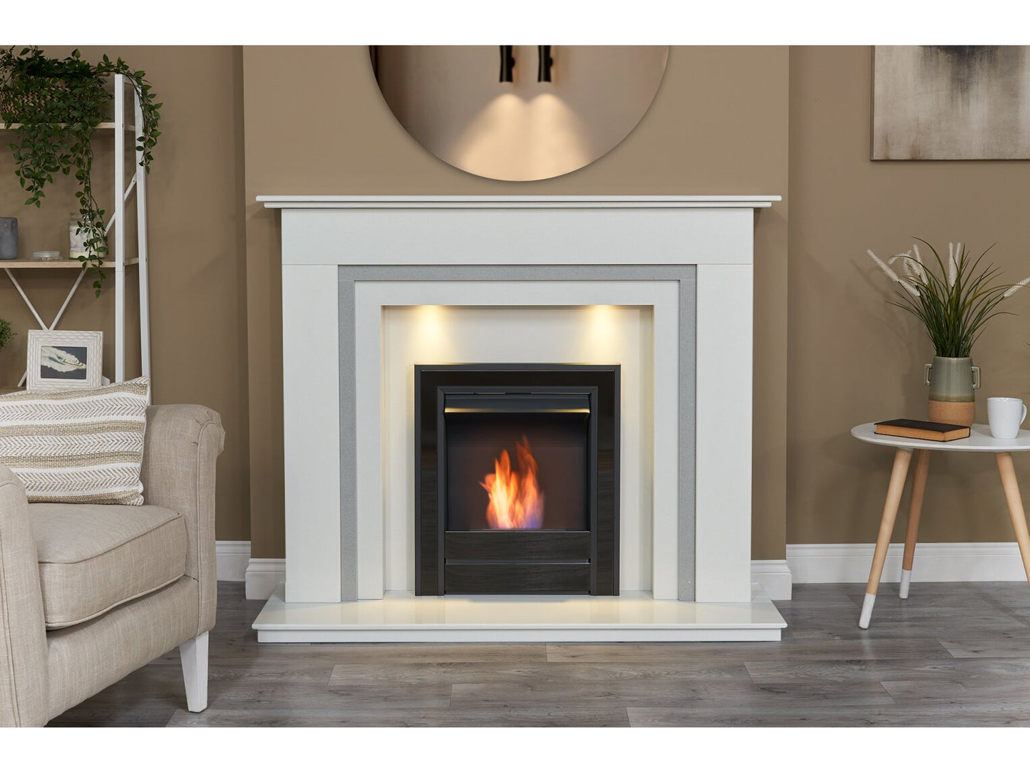 Austin Crystal White & Grey Marble Fireplace with Downlights & Argo Bio Ethanol Fire in Black Nickel, 54 Inch