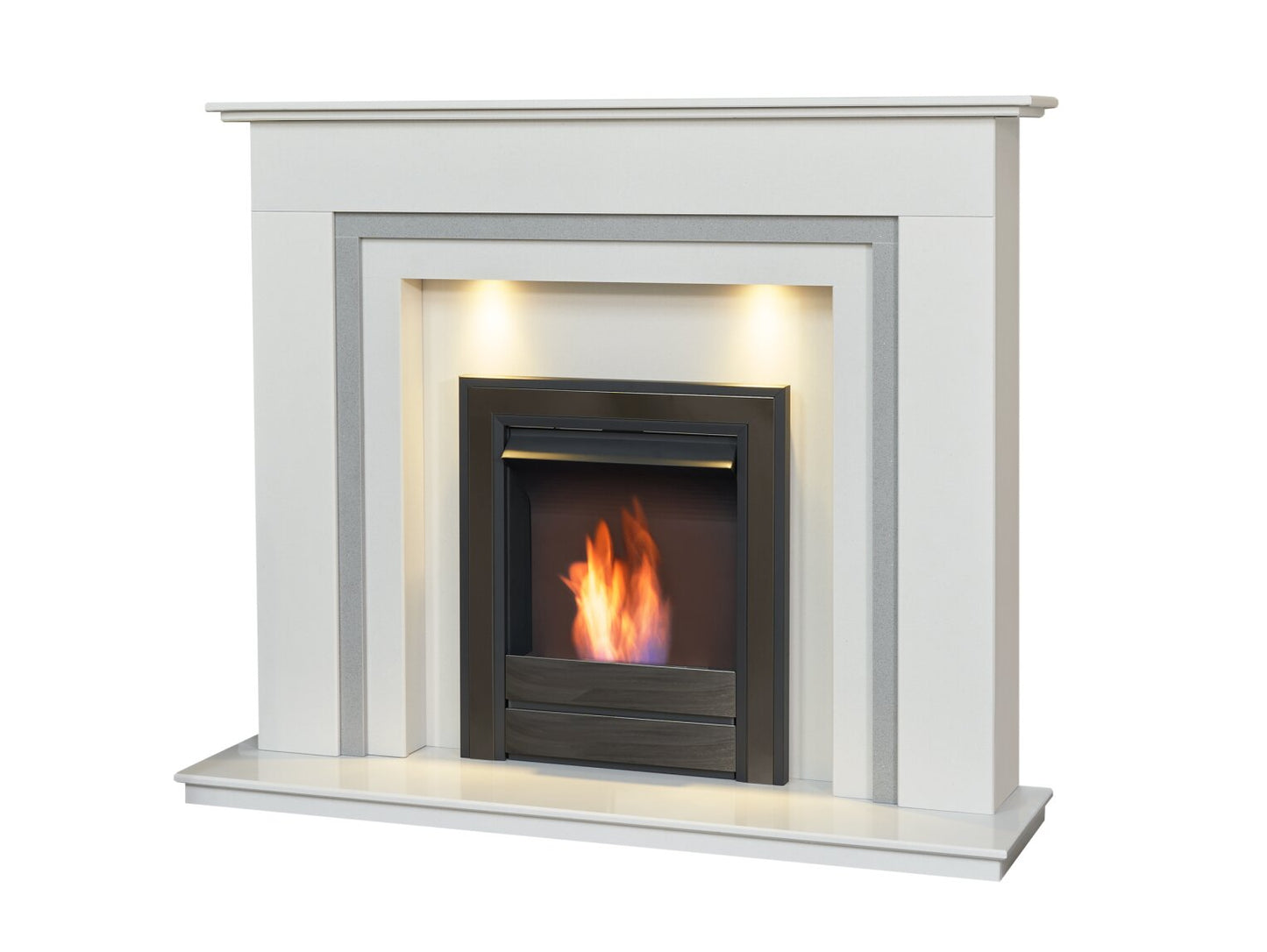 Austin Crystal White & Grey Marble Fireplace with Downlights & Argo Bio Ethanol Fire in Black Nickel, 54 Inch