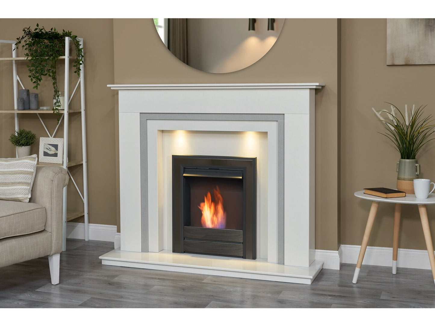 Austin Crystal White & Grey Marble Fireplace with Downlights & Argo Bio Ethanol Fire in Black Nickel, 54 Inch