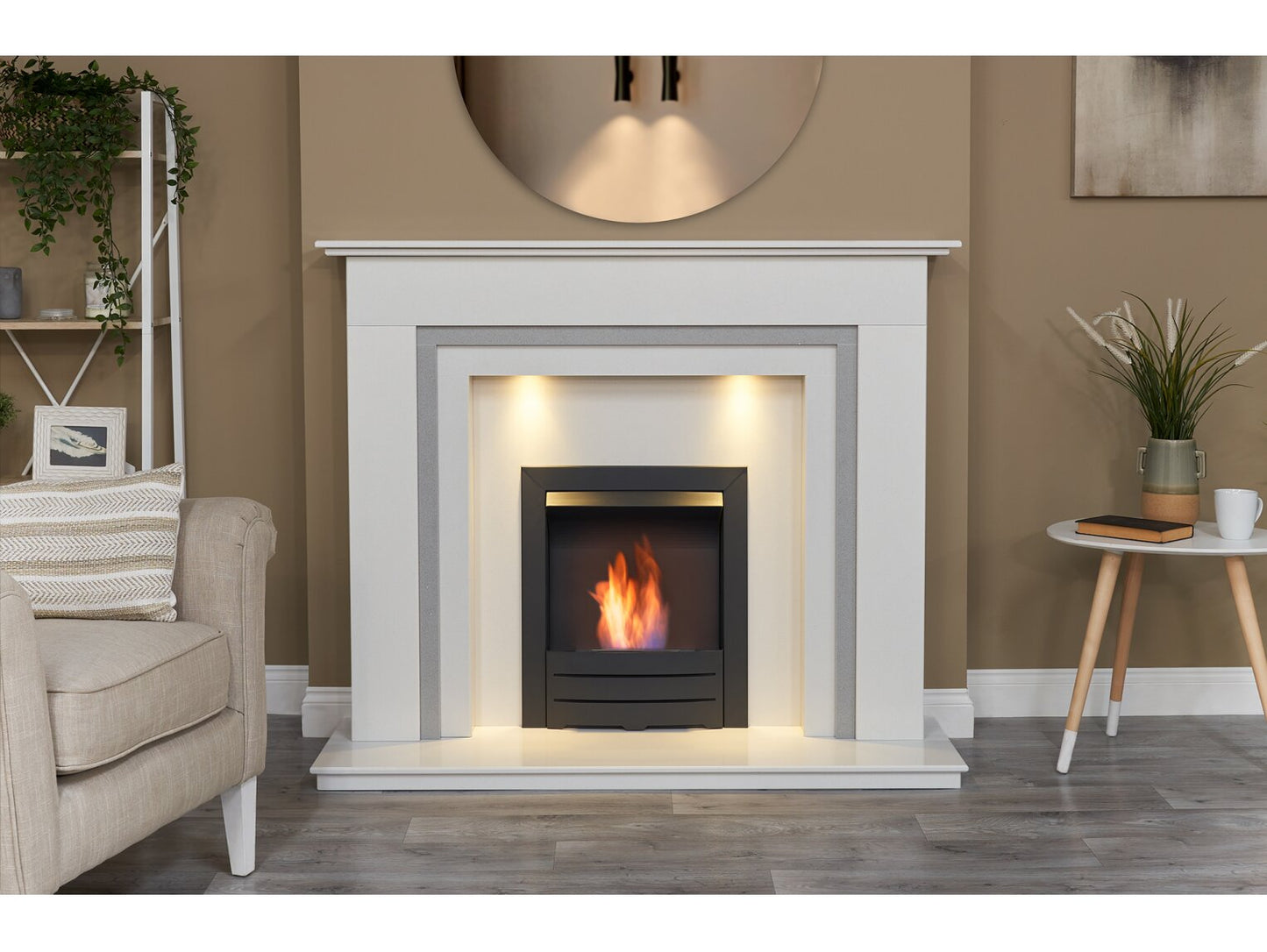 Austin Crystal White & Grey Marble Fireplace with Downlights & Colorado Bio Ethanol Fire in Black, 54 Inch