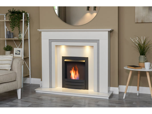 Austin Crystal White & Grey Marble Fireplace with Downlights & Colorado Bio Ethanol Fire in Black, 54 Inch