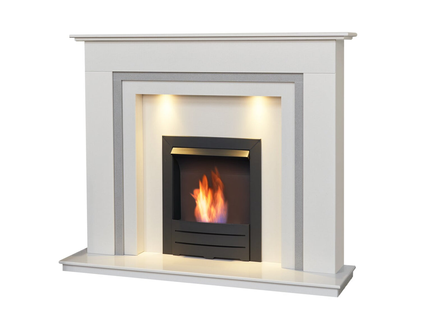 Austin Crystal White & Grey Marble Fireplace with Downlights & Colorado Bio Ethanol Fire in Black, 54 Inch