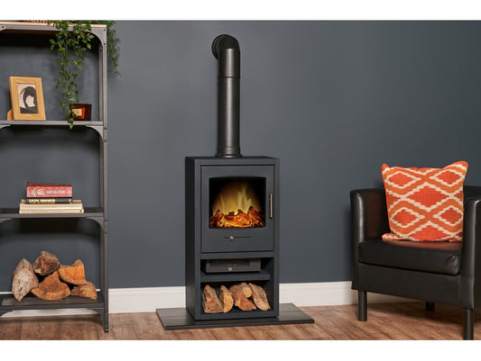 Bergen XL Electric Stove in Charcoal Grey with Tall Angled Stove Pipe in Black