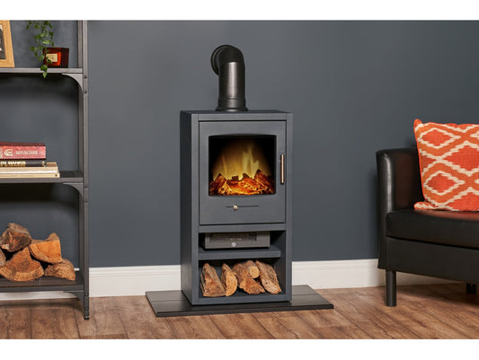 Bergen XL Electric Stove in Charcoal Grey with Angled Stove Pipe in Black