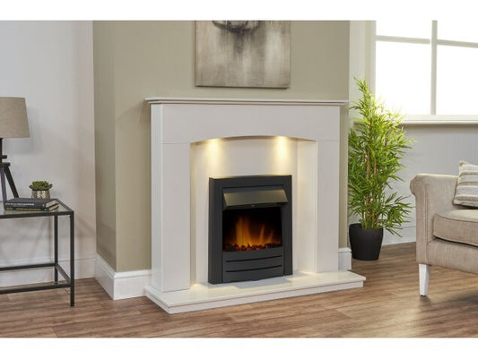 Tuscon Sparkly White Marble Fireplace with Downlights & Colorado Electric Fire in Black, 48 Inch