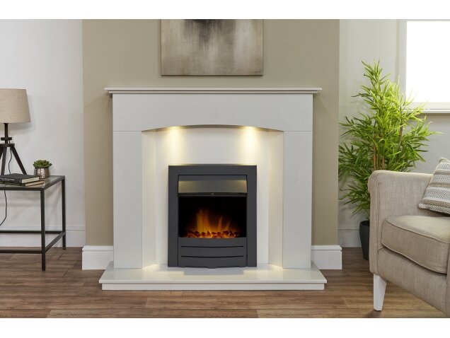 Tuscon Sparkly White Marble Fireplace with Downlights & Colorado Electric Fire in Black, 48 Inch