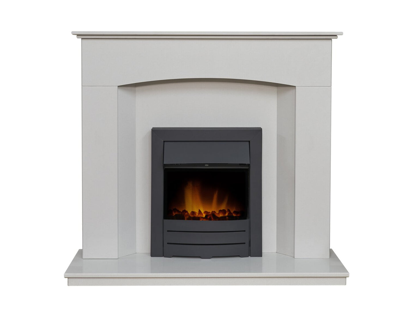 Tuscon Sparkly White Marble Fireplace with Downlights & Colorado Electric Fire in Black, 48 Inch