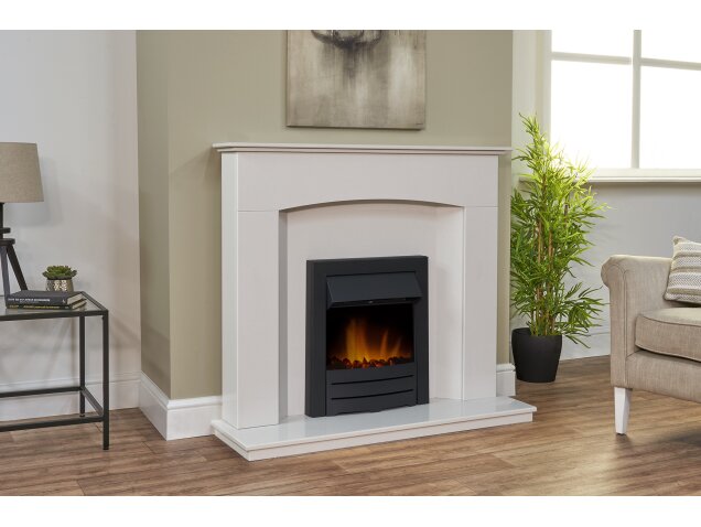 Tuscon Sparkly White Marble Fireplace with Downlights & Colorado Electric Fire in Black, 48 Inch