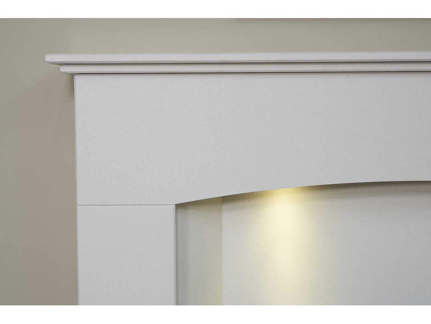 Tuscon Sparkly White Marble Fireplace with Downlights & Eclipse Electric Fire in Brass, 48 Inch