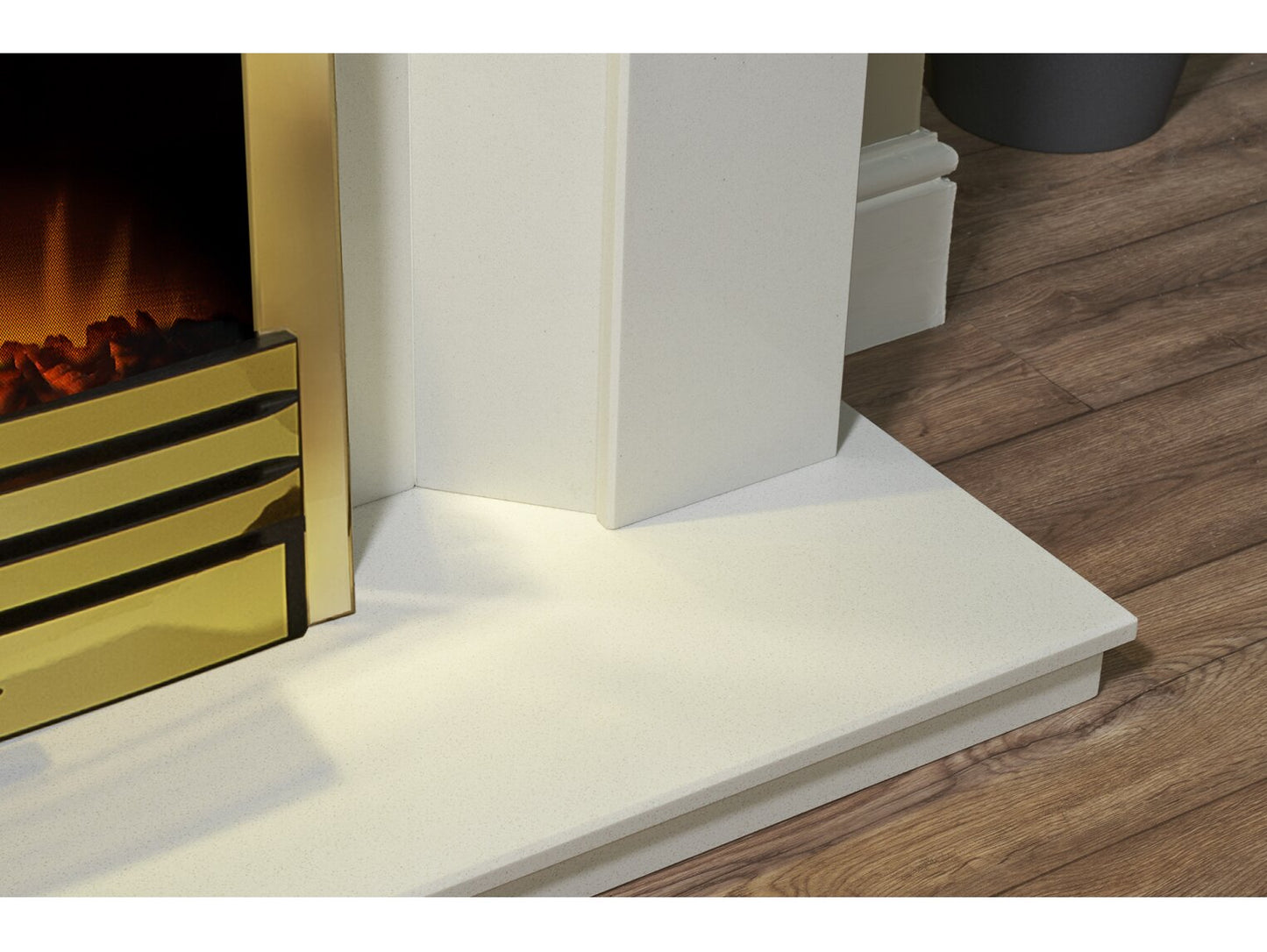 Tuscon Sparkly White Marble Fireplace with Downlights & Eclipse Electric Fire in Brass, 48 Inch