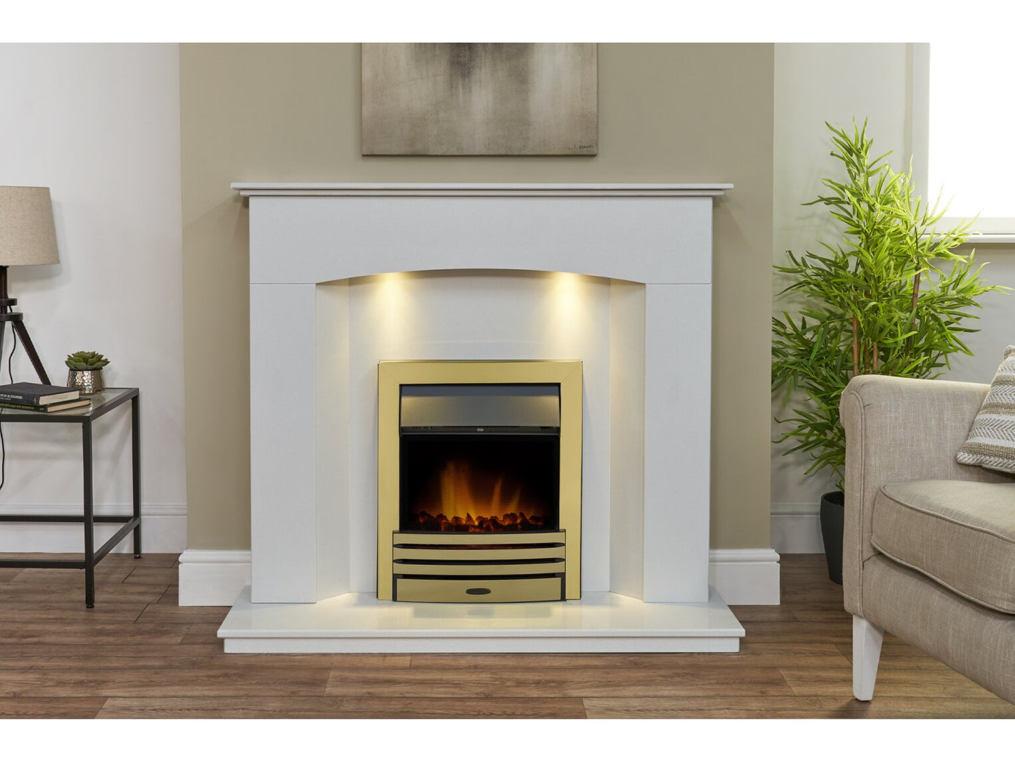 Tuscon Sparkly White Marble Fireplace with Downlights & Eclipse Electric Fire in Brass, 48 Inch