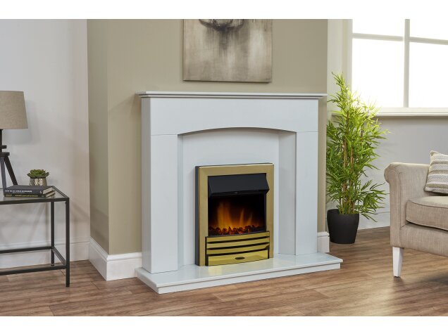 Tuscon Sparkly White Marble Fireplace with Downlights & Eclipse Electric Fire in Brass, 48 Inch