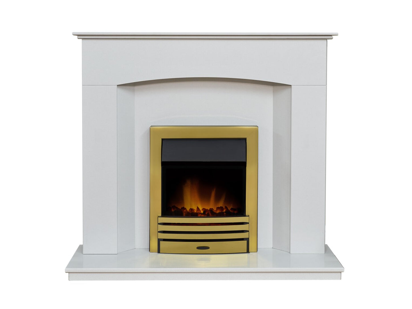 Tuscon Sparkly White Marble Fireplace with Downlights & Eclipse Electric Fire in Brass, 48 Inch