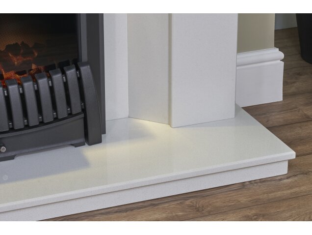 Tuscon Sparkly White Marble Fireplace with Downlights & Elan Electric Fire in Black, 48 Inch