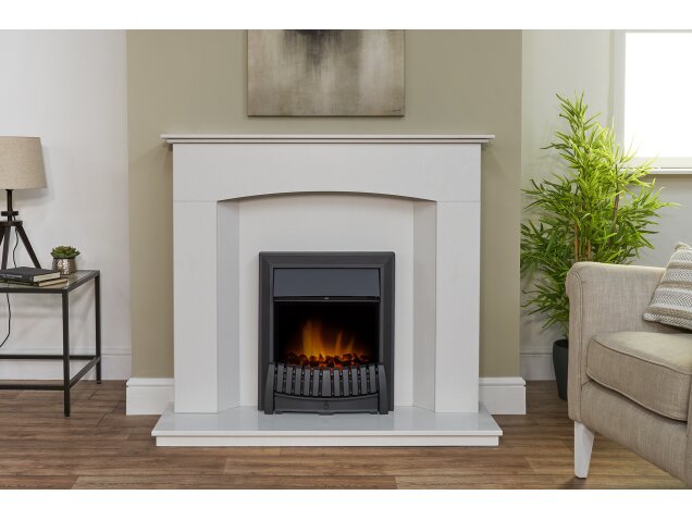 Tuscon Sparkly White Marble Fireplace with Downlights & Elan Electric Fire in Black, 48 Inch