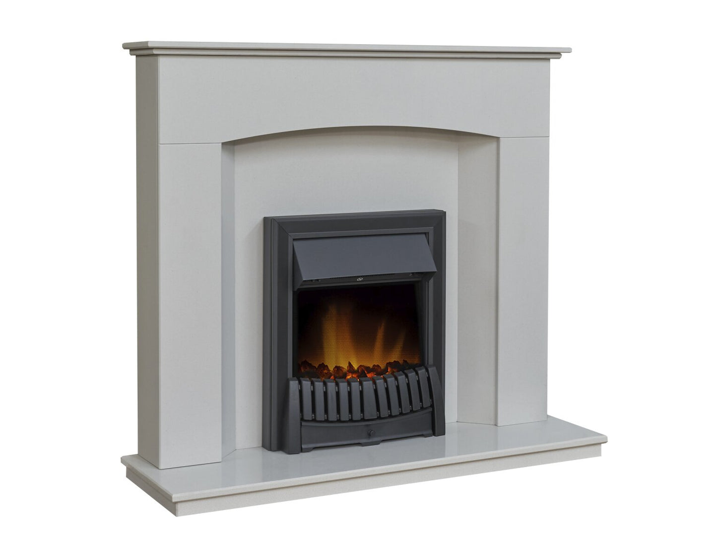 Tuscon Sparkly White Marble Fireplace with Downlights & Elan Electric Fire in Black, 48 Inch