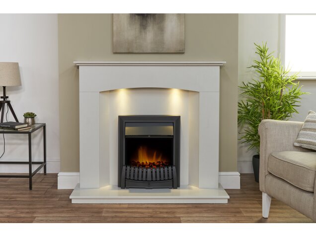 Tuscon Sparkly White Marble Fireplace with Downlights & Elan Electric Fire in Black, 48 Inch