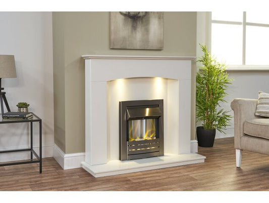 Tuscon Sparkly White Marble Fireplace with Downlights & Helios Electric Fire in Brushed Steel, 48 Inch