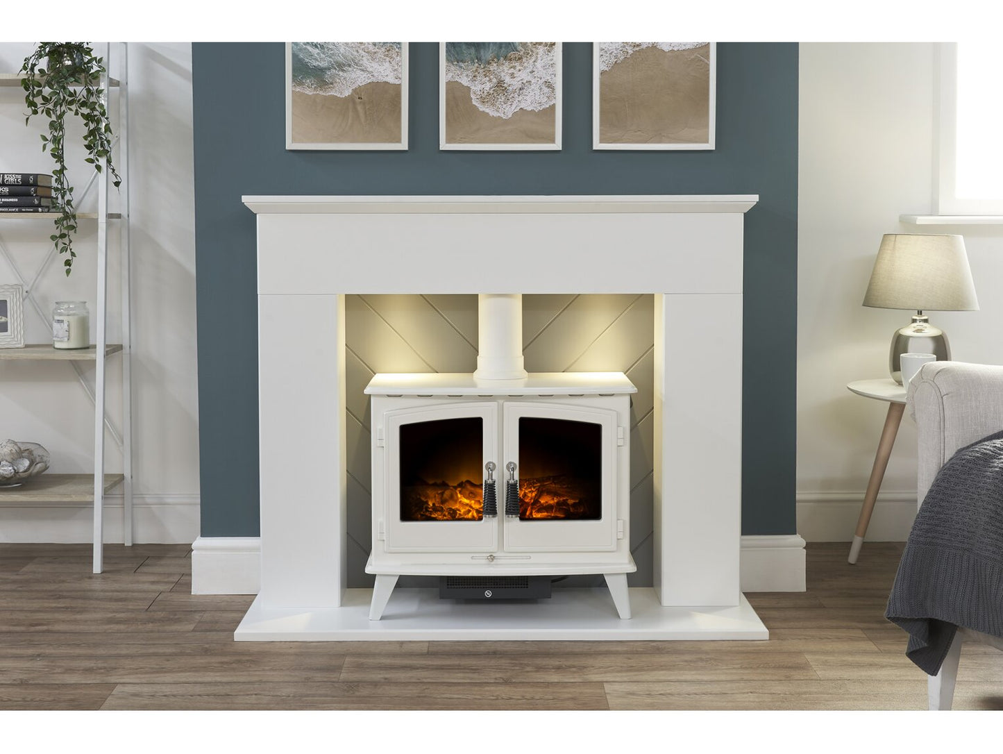 Corinth Stove Fireplace in Pure White & Grey with Downlights & Woodhouse Electric Stove in Pure White, 48 Inch