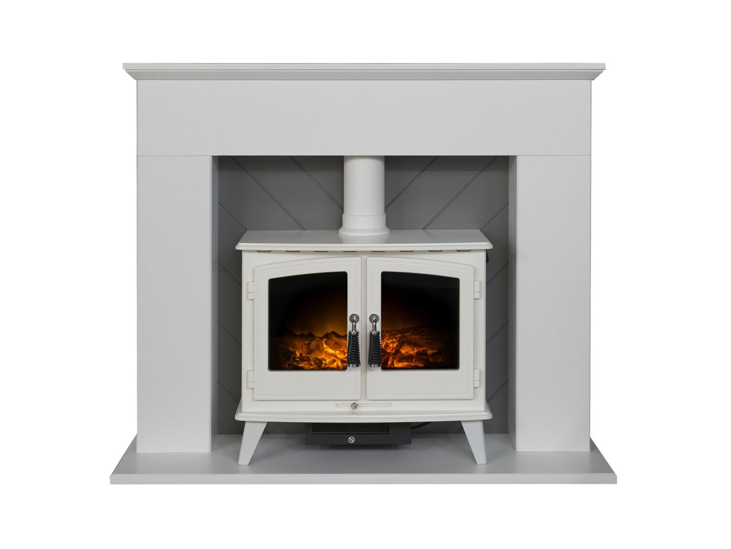 Corinth Stove Fireplace in Pure White & Grey with Downlights & Woodhouse Electric Stove in Pure White, 48 Inch