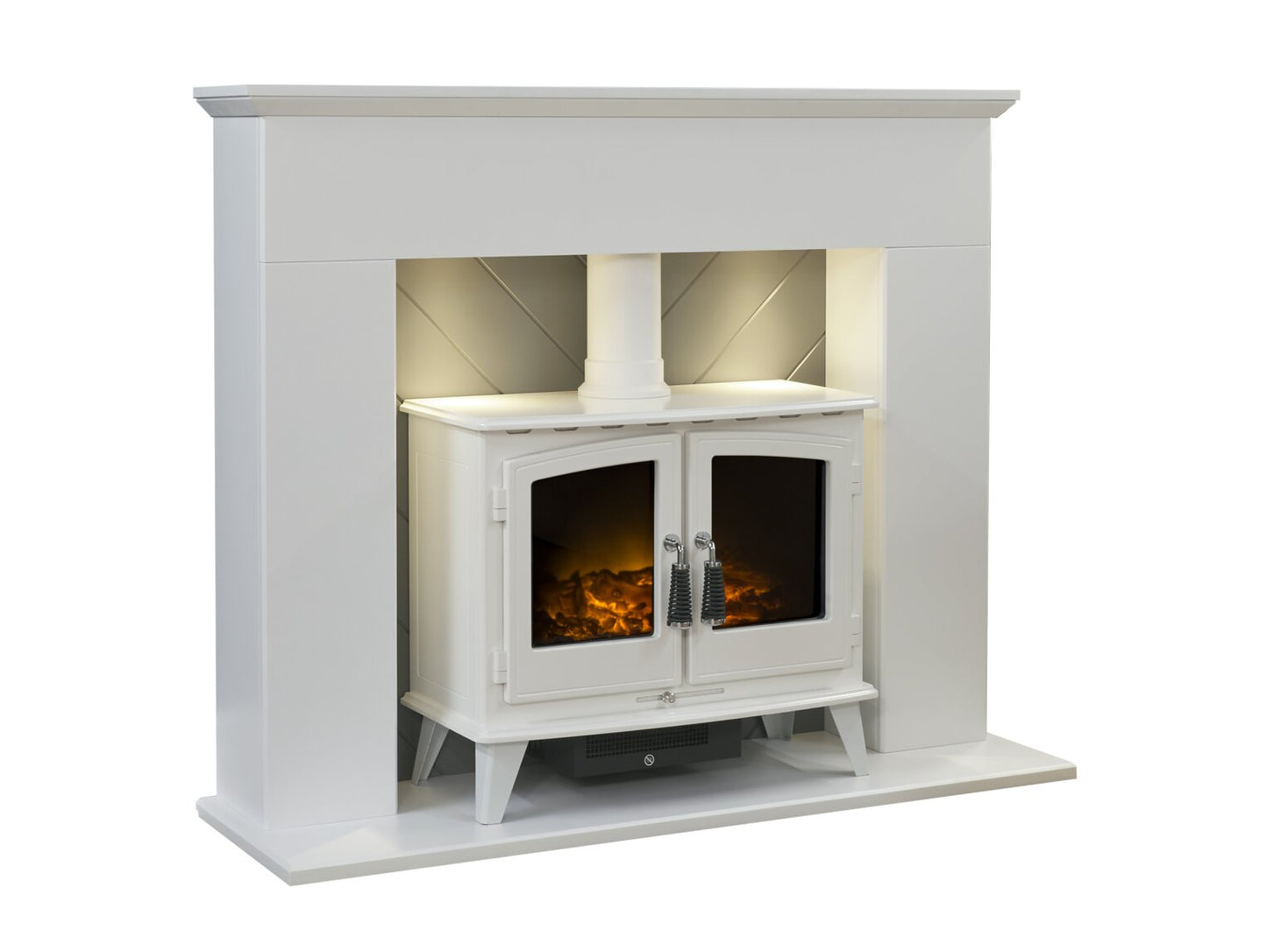 Corinth Stove Fireplace in Pure White & Grey with Downlights & Woodhouse Electric Stove in Pure White, 48 Inch