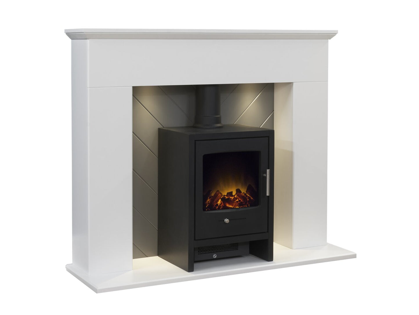 Corinth Stove Fireplace in Pure White & Grey with Downlights & Bergen Electric Stove in Charcoal Grey, 48 Inch