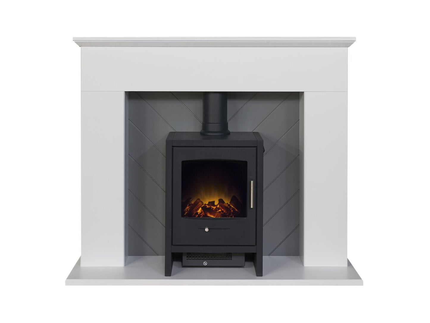 Corinth Stove Fireplace in Pure White & Grey with Downlights & Bergen Electric Stove in Charcoal Grey, 48 Inch