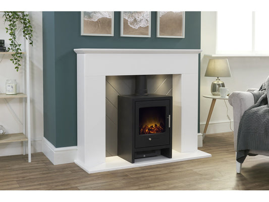 Corinth Stove Fireplace in Pure White & Grey with Downlights & Bergen Electric Stove in Charcoal Grey, 48 Inch