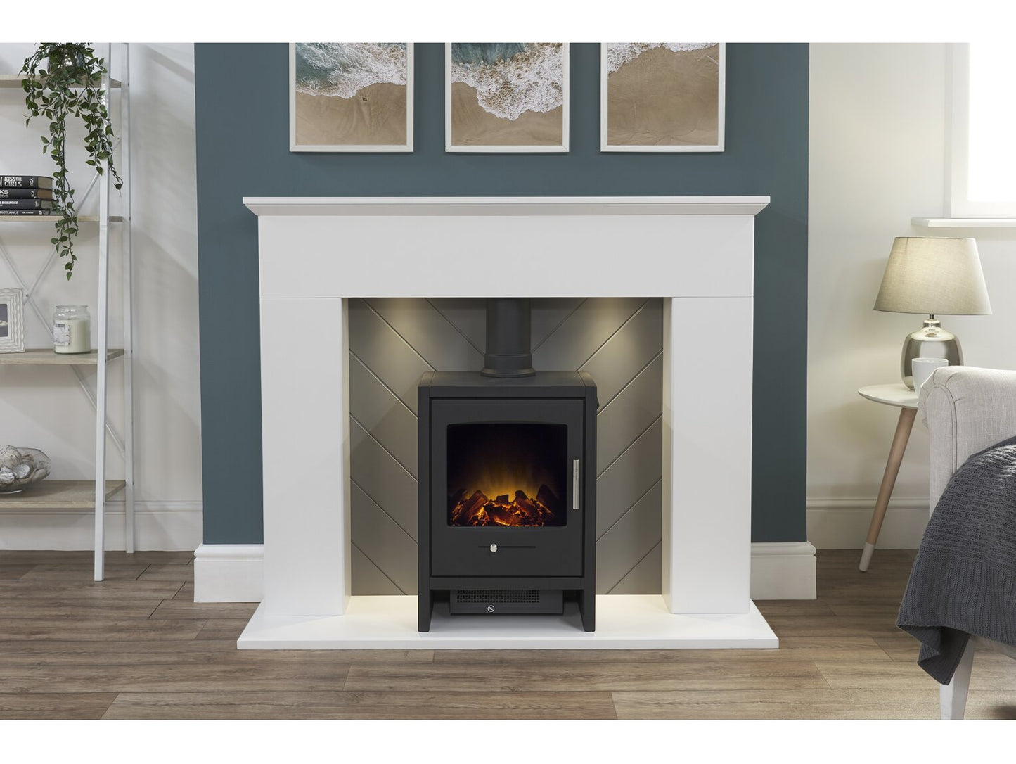 Corinth Stove Fireplace in Pure White & Grey with Downlights & Bergen Electric Stove in Charcoal Grey, 48 Inch