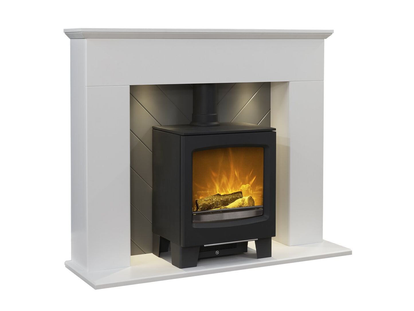 Corinth Stove Fireplace in Pure White & Grey with Downlights & Lunar Electric Stove in Charcoal Grey, 48 Inch