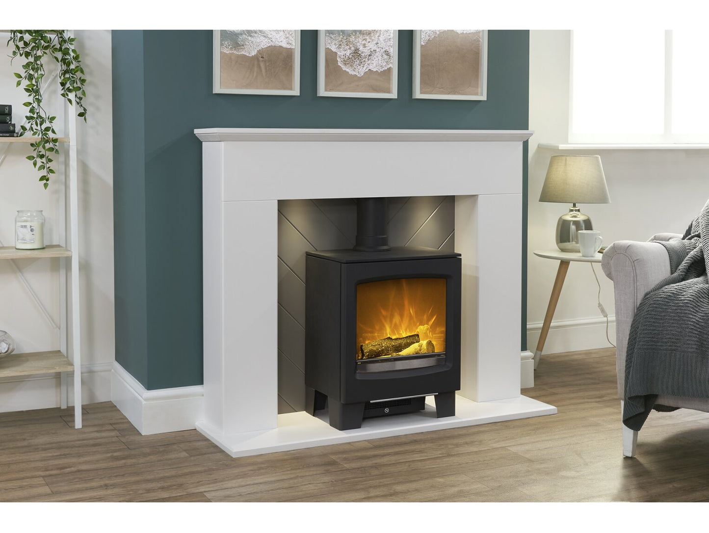 Corinth Stove Fireplace in Pure White & Grey with Downlights & Lunar Electric Stove in Charcoal Grey, 48 Inch