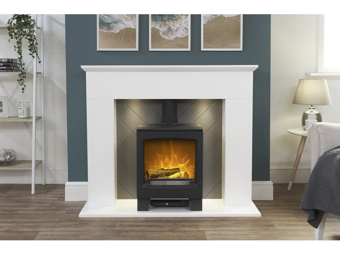 Corinth Stove Fireplace in Pure White & Grey with Downlights & Lunar Electric Stove in Charcoal Grey, 48 Inch