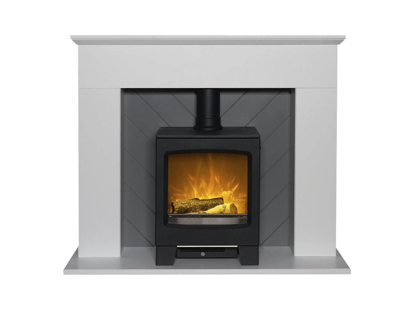 Corinth Stove Fireplace in Pure White & Grey with Downlights & Lunar Electric Stove in Charcoal Grey, 48 Inch