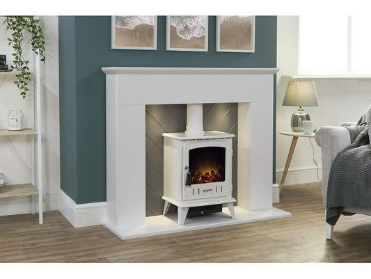 Corinth Stove Fireplace in Pure White & Grey with Downlights & Aviemore Electric Stove in White, 48 Inch