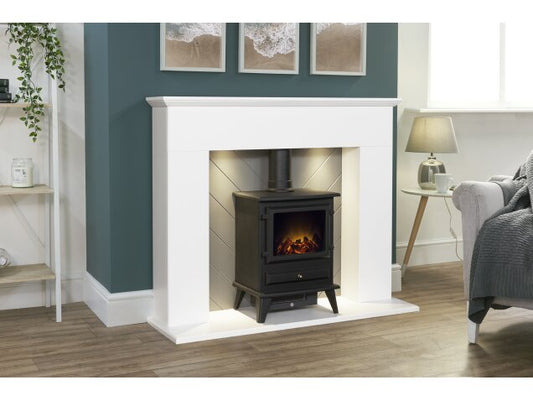 Corinth Stove Fireplace in Pure White & Grey with Downlights & Hudson Electric Stove in Black, 48 Inch