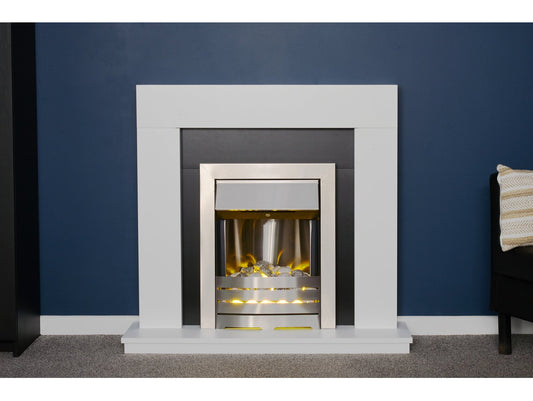 Malmo Fireplace in White & Black/White with Helios Electric Fire in Brushed Steel, 39 Inch