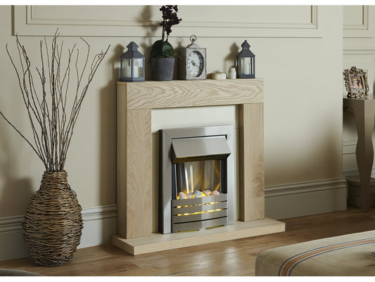 Malmo Fireplace in Oak & Cream with Helios Electric Fire in Brushed Steel, 39 Inch